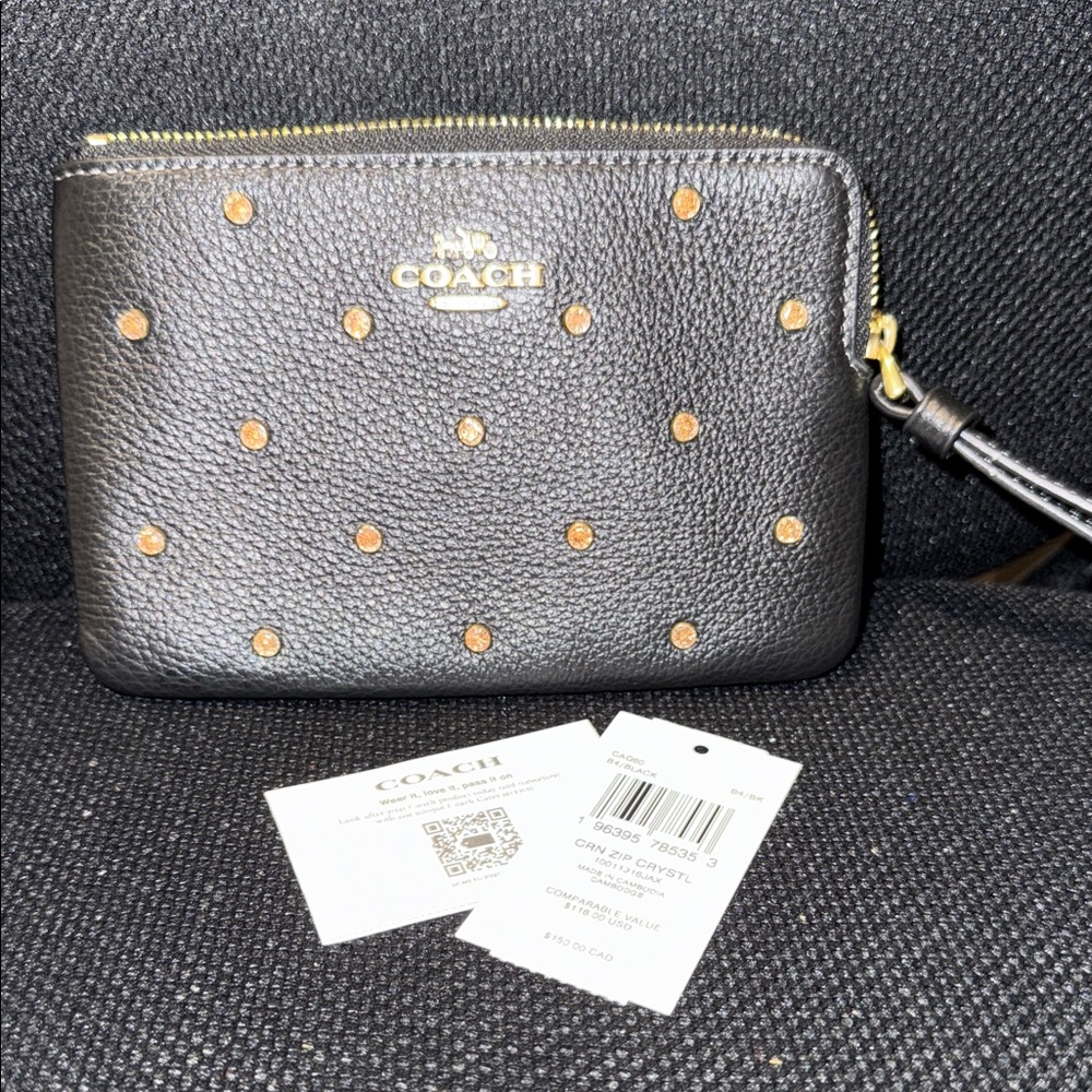 Coach Black Corner Zip Crystal Wallet NWT $118